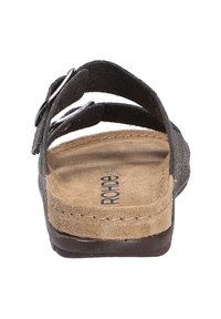 Black suede sandal viewed from the back, featuring two adjustable straps, a flat sole, and a textured insole with logo.