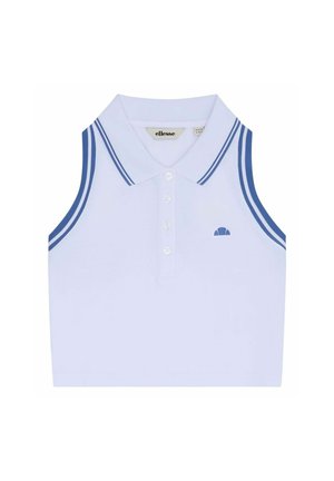 Ärmelloses weißes Polo-Crop-Top mit blauen Doppelstreifen am Kragen und an den Armabschlüssen, vier Knöpfen und kleinem blauem Logo auf der Brust.