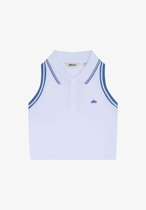 Ärmelloses weißes Polo-Crop-Top mit blauen Doppelstreifen am Kragen und an den Armabschlüssen, vier Knöpfen und kleinem blauem Logo auf der Brust.