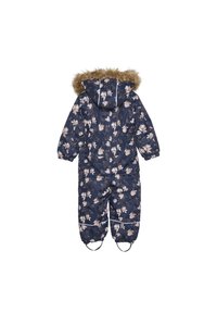 Navy blue insulated snowsuit with floral pattern, fur-lined hood, elastic cuffs, and reflective accents. Full-zip back design.