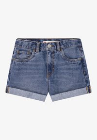 Shorts in denim a lavaggio medio con orlo arrotolato, dotati di cinque tasche, cuciture dorate e chiusura frontale con bottone. Design della vita standard.