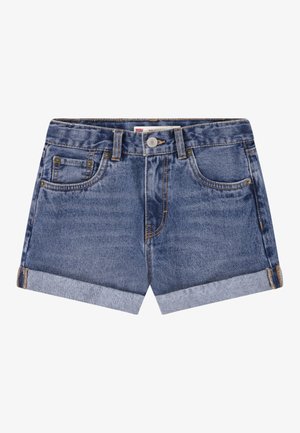 Shorts in denim a lavaggio medio con orlo arrotolato, dotati di cinque tasche, cuciture dorate e chiusura frontale con bottone. Design della vita standard.