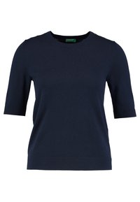 Suéter de manga corta en navy, hecho de tejido de punto, con un cuello redondo y puños y dobladillo acanalados. Diseño simple y versátil.