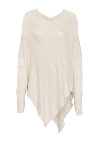 Cremfarbener gestrickter Poncho mit V-Ausschnitt, der diagonale Rippenmuster und einen asymmetrischen Saum hat. Weiche Textur und lange Ärmel.