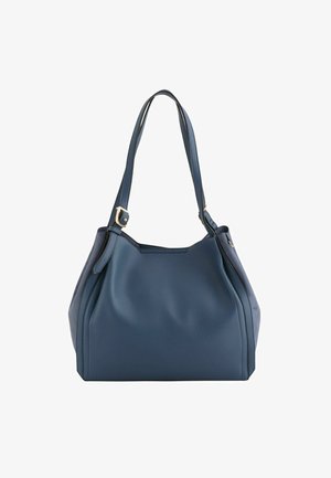 Bolso de mano de cuero azul con un acabado suave y texturizado, que presenta asas planas y una forma estructurada. Incluye detalles en metal dorado.