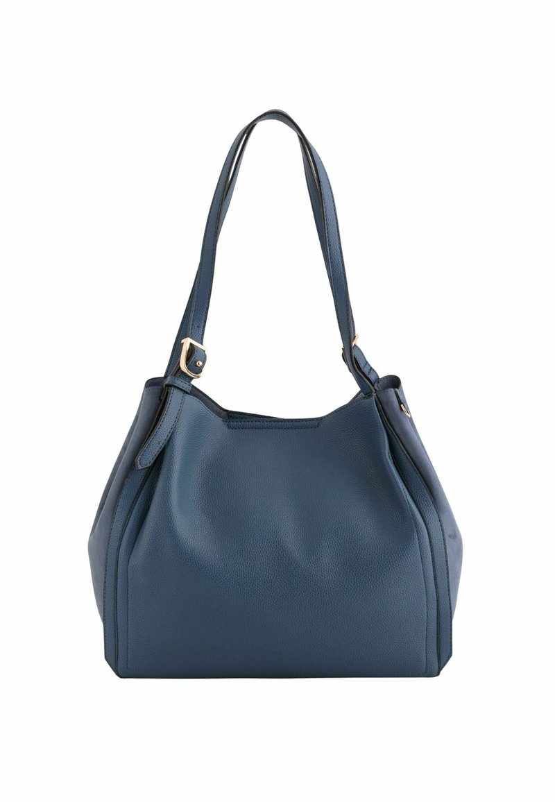 Niebieska skórzana torebka o miękkim, teksturowanym wykończeniu, z płaskimi paskami i zdefiniowanym kształtem. Zawiera akcenty w złotym kolorze.