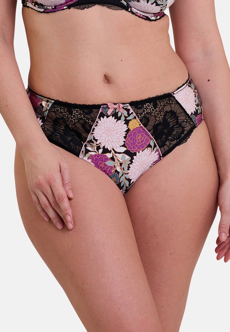 Culotte de bikini à imprimé floral avec une combinaison de dentelle noire et de panneaux en tissu colorés, ornée d'un petit nœud à la taille.