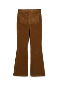 Braune Cordhose mit ausgestelltem Bein und glatter Textur, ausgestattet mit zwei Gesäßtaschen und einem hüfthohen Bund. Einfaches, sauberes Design ohne Verzierungen.