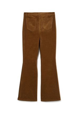 Bruine corduroy flared broeken met een gladde textuur, voorzien van twee achterzakken en een gemiddelde tailleband. Eenvoudig, schoon ontwerp zonder versieringen.