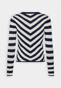 Sweter w niebiesko-białe paski z długim rękawem, z v-kształtnym wzorem w zygzak na plecach oraz prążkowanym dekoltem. Miękka dzianina.