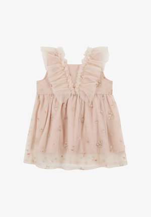 Blassrosa Kleid mit gestickten Blumen, Rüschenträgern aus Tüll und einem gerafften Rock, mit V-förmigem Rückendesign. Weicher, leichter Stoff.