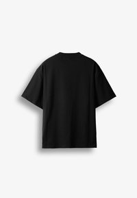 Schwarzes T-Shirt mit kurzen Ärmeln, von hinten gezeigt, mit Rundhalsausschnitt und schlichtem, einfarbigem Design auf hellem Hintergrund.