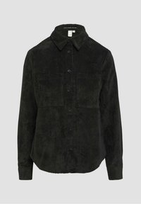 Schwarze Cordhemd mit spitzem Kragen, zwei Brusttaschen und Knopfverschluss auf der Vorderseite. Verfügt über lange Ärmel mit geknöpften Manschetten.