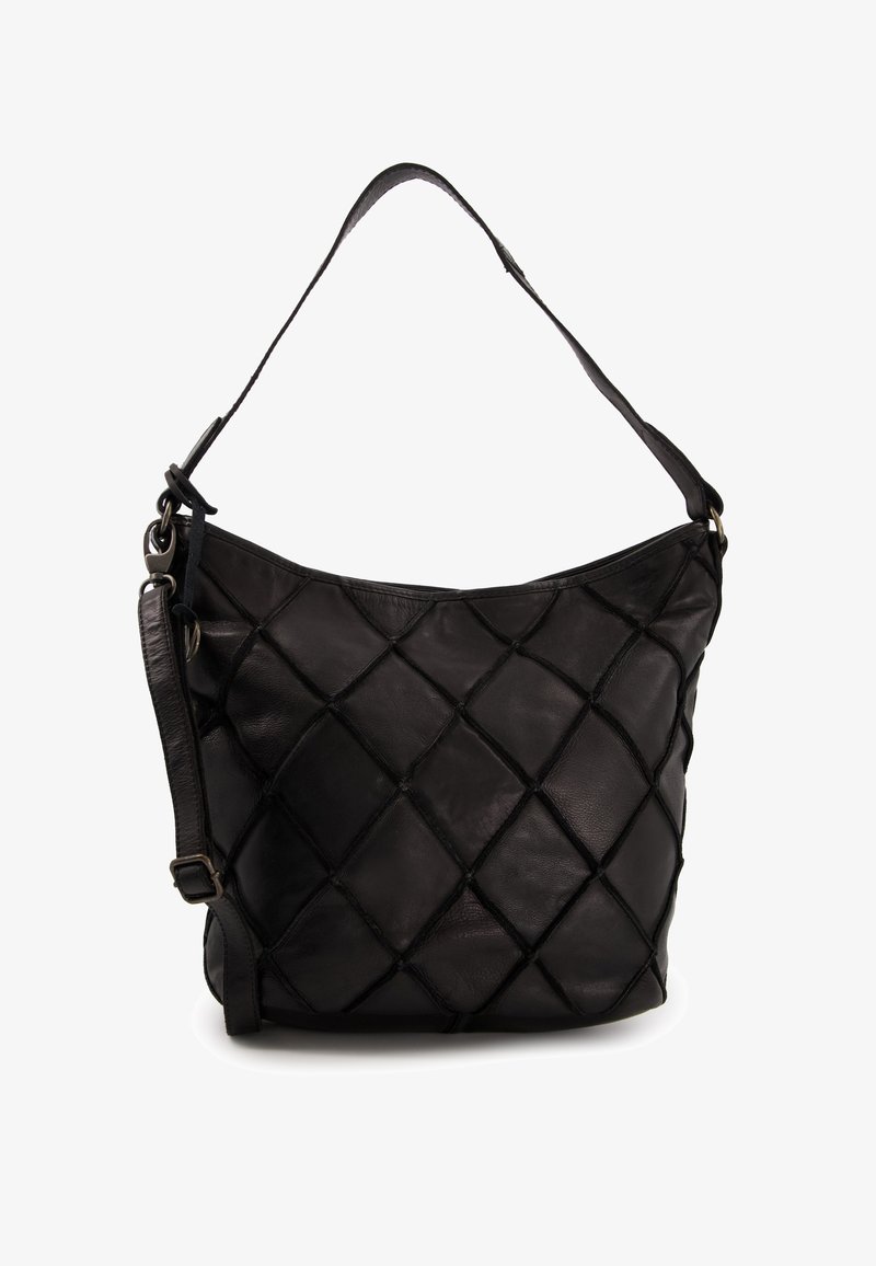 Sac hobo en cuir noir avec un design matelassé, présentant des motifs de losanges diagonaux et une seule bandoulière pour un transport facile.