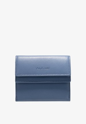 Blue leather wallet with a textured finish, featuring a flap closure and embossed "MAITRE" logo on the front. Compact rectangular shape.
