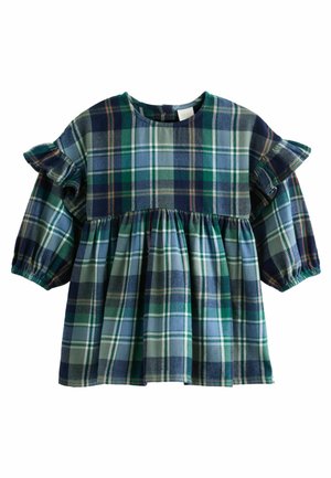 Robe pour tout-petit à carreaux verts et bleus, avec détails à volants sur les épaules et manches longues bouffantes avec poignets élastiques.