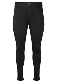 Vaqueros negros ajustados hechos de tejido elástico. Cuentan con cremallera, cinco bolsillos y una textura suave con detalles de costura mínimos.