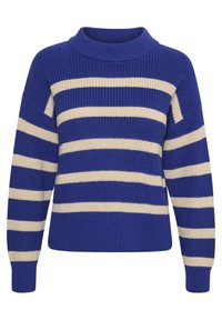 Blauw en crèmekleurig gestreepte gebreide trui met een hoge hals, drop shoulders en ribgebreide manchetten. Het materiaal lijkt textuur te hebben en dik te zijn.