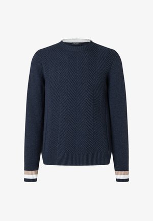 Donkerblauwe gebreide trui met chevronpatroon, ronde hals, lange mouwen, geribbelde manchetten met beige en witte strepen.