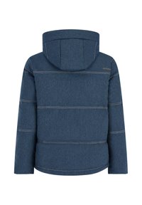 Giacca trapuntata blu navy con cappuccio, dettagli in cuciture orizzontali e piccolo logo sulla parte superiore destra della schiena.