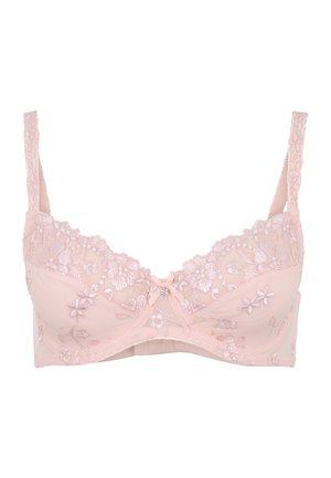 Light pink bra featuring floral lace detailing, adjustable straps, and a small decorative bow at the center. The fabric appears soft and delicate.