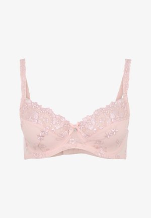 Helles rosa BH mit floralen Spitzenakzenten, verstellbaren Trägern und einer kleinen dekorativen Schleife in der Mitte. Der Stoff wirkt weich und zart.