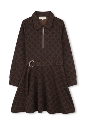 Brown patterned dress with a collar, long sleeves, and a zippered front. Features a matching belt with a silver buckle. Flared skirt design.