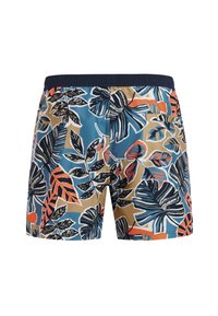 Heren zwemshorts met een blauwe achtergrond en kleurrijke tropische bladpatronen in zwart, oranje en beige; elastische tailleband; mid-dij lengte.