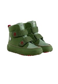 Grüne Stiefel mit einem Obermaterial aus Wildleder und Nylon, zwei Velcro-Riemen, runder Logo und einer Gummisohle mit roten Akzenten. Wasserdichtes Material.