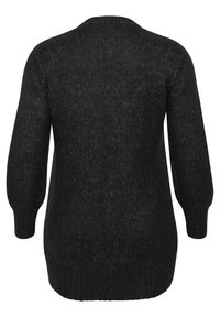 Czarny, dziany sweter o teksturowanym wykończeniu; posiada dekolt w kształcie litery V oraz długie rękawy raglanowe. Żebrowany dół i mankiety podkreślają design.
