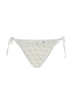 Bas de bikini blanc avec motif floral diamant doré et liens latéraux, taille petite, présenté sur fond uni.