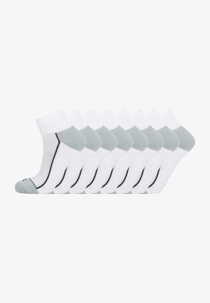 Weiße Socken bis zum Knöchel mit hellgrauen Akzenten und einer schwarzen Linie. Packung mit mehreren Paaren. Gerippte Bündchen und weicher Textur.