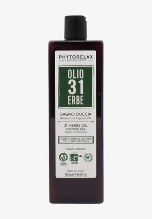 Flacon de gel douche à l'huile Phytorelax 31 herbes, balsamique et réparateur, vegan et biologique, 500 ml, fabriqué en Italie.