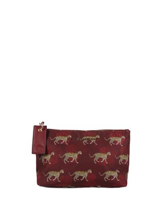 Maroon pouch made of fabric featuring a leopard pattern, gold accents, and a small leather tag with embossed branding. Zipper closure on top.
