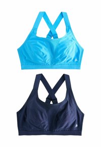 Twee sportbeha's: één in felblauw met een criss-cross achterkant, en één in donker marineblauw met een vergelijkbaar ontwerp, beide gemaakt van glad, rekbaar stof.