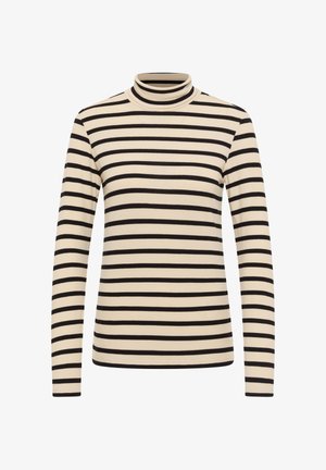 Svītrains augsts apkakles tops ar krēmkrāsu pamatni un melnām horizontālām svītrām, garām piedurknēm, ribotā tekstūrā un piegulošu siluetu.