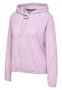 Ljuslila hoodie med känguruficka, snörning i huvan och elastiska muddar. Mjukt material, avslappnad passform, med en liten logotyp.