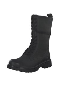 Black leather combat boots with a round toe, side zipper, and rubber sole. Features laces along the front and a pull tab on the back.