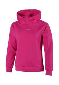 Sudadera rosa brillante con mangas largas y cuello alto, que presenta un pequeño símbolo de infinito rosa claro en el pecho.