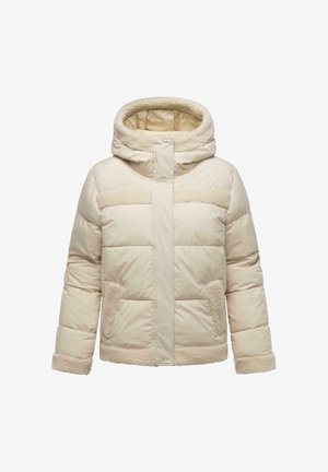Cream padded winter jacket with hood, shearling trim on chest, pockets, cuffs, and hem, and a front zipper closure with flap.