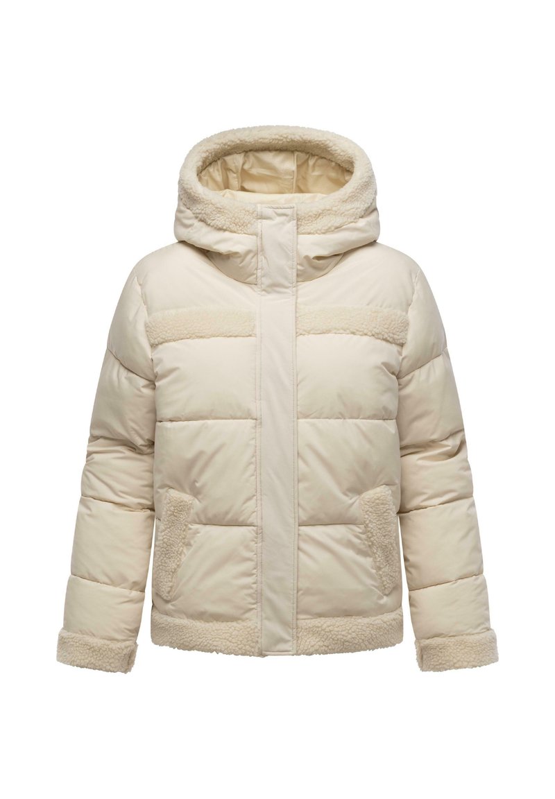 Crème gewatteerde winterjas met capuchon, schapenwolbeleg op de borst, zakken, manchetten en zoom, en een ritssluiting aan de voorkant met klep.