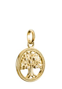 Goldener Lebensbaum-Anhänger mit filigranen Blattdesigns und fünf Akzentsteinen. Runder Rahmen mit einer Perlendetails am Rand.