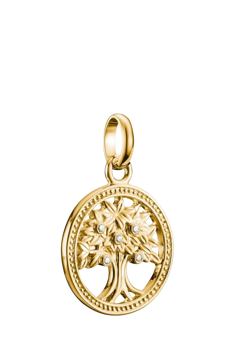 Goldener Lebensbaum-Anhänger mit filigranen Blattdesigns und fünf Akzentsteinen. Runder Rahmen mit einer Perlendetails am Rand.