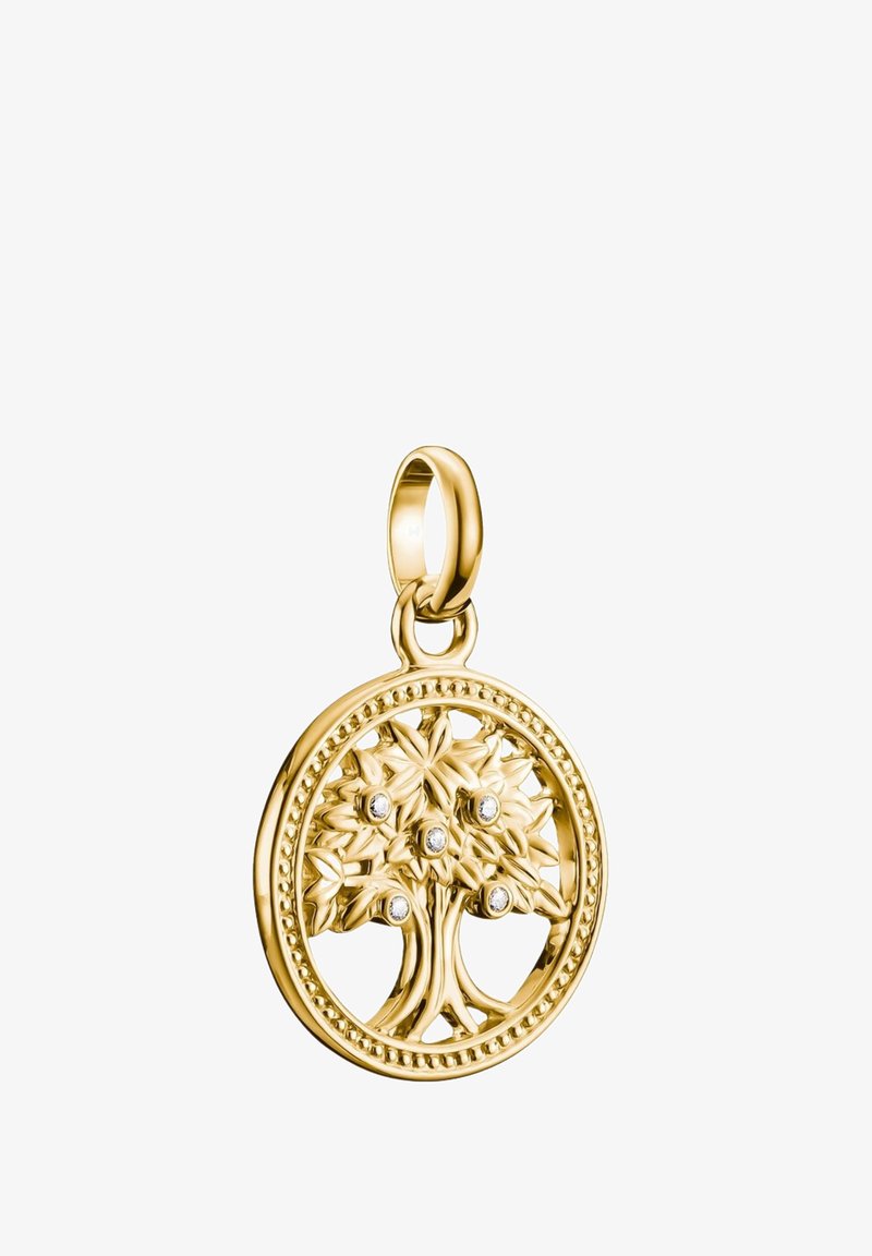 Goldener Lebensbaum-Anhänger mit filigranen Blattdesigns und fünf Akzentsteinen. Runder Rahmen mit einer Perlendetails am Rand.