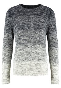 Grå ombre stickad tröja med långa ärmar, rund halsringning, textilmaterial och en gradvis ljusare nyans från mörkgrå till ljusgrå vid fållen.