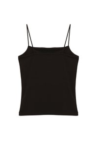 Czarny bezrękawnik z cienkimi ramiączkami, wykonany z gładkiego, elastycznego materiału. Prosty design z prostym dekoltem i bez dodatkowych detali.