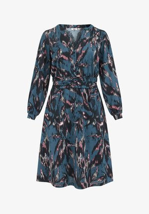 Abito stampato in teal, con scollatura a V, maniche lunghe, vita con cintura e motivi astratti neri e rosa. Tessuto testurizzato con una leggera lucentezza.