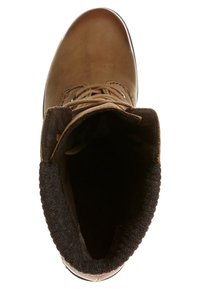 Botte en cuir marron avec bout arrondi, devant à lacets et doublure en polaire noire visible à l'intérieur de l'ouverture. Texture de surface lisse sur toute la botte.