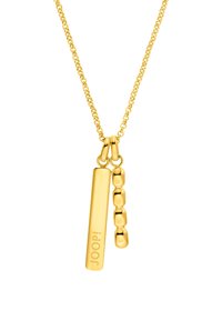 Gouden ketting met twee bedels: een rechthoekige staaf en een kralencharme, beide met een gepolijste afwerking. De kettinglinks zijn delicaat en uniform.