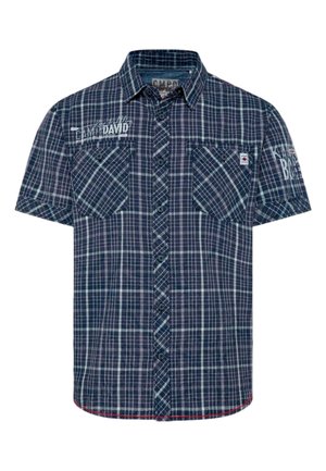 Cămașă cu mânecă scurtă în carouri, de culoare albastru marin și verde deschis, având două buzunare pe piept, închidere cu nasturi și detalii ale mărcii pe umărul stâng.